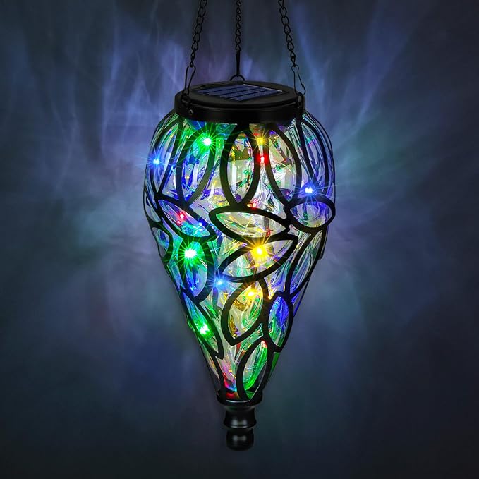 Outdoor Plastic Solar Hanging Lantern, 15 Multi Color LEDs Twinkle Effect Tear-Shaped Hanging Lantern Decor Garden Decorative Solar Lights for Backyard, Patio and Lawn