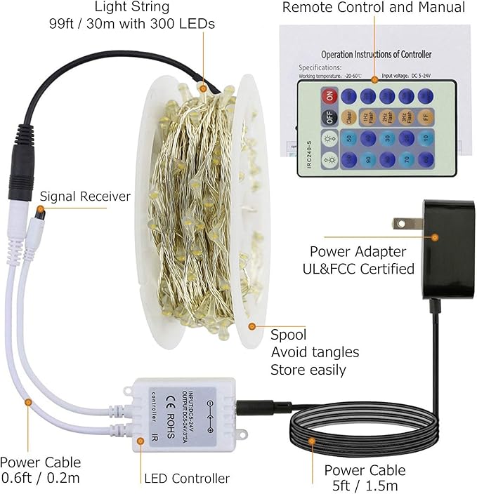 RUICHEN Pink Dimmable Fairy Lights Plug in, 99 Ft 300 LED Twinkle String Lights with Remote, Waterproof Silver Wire Firefly Lights for Bedroom, Patio, Yard, Christmas, Easter, Valentines Day, Wedding