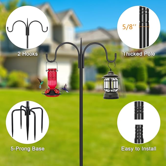 FEED GARDEN Adjustable Double Shepherds Hook for Outdoor with 5 Prong Base 63 Inch Heavy Duty Two Sided Bird Feeder Pole for Hanging Plant Baskets, Solar Light Lanterns, Wind Chimes 2 Pack