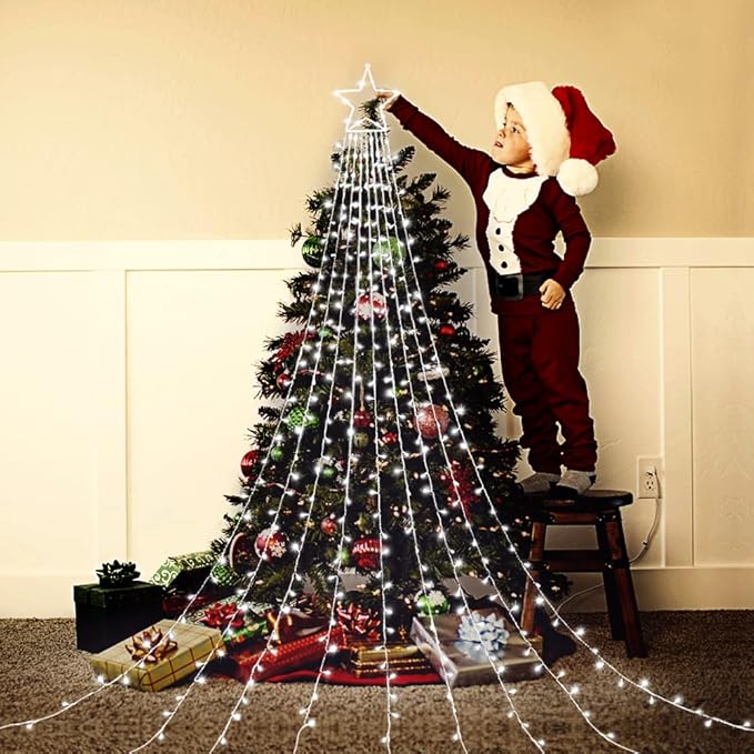 Christmas Decorations Star String Lights, 320 LED Waterfall Tree Lights with 13" Topper Star 8 Lighting Modes Indoor Outdoor Decorative for New Year, Holiday, Wedding, Party