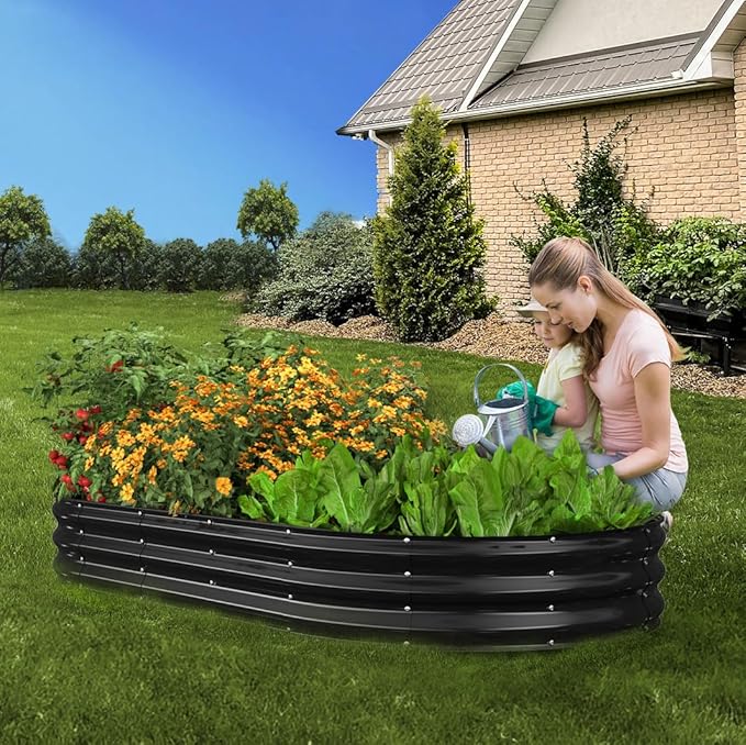 Raised Garden Bed, 8x4x1ft Galvanized Outdoor Planter Beds with Safety Edging and Gloves, Oval Metal Planter Box for Gardening Vegetables Flowers Herb