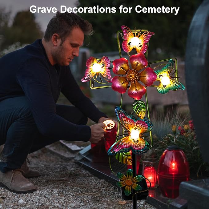 Solar Cross Garden Lights, 2 Pack Solar Butterfly Stake Lights Cemetery Decorations for Grave, Jesus Cross Sympathy Memorial Gifts for Mother Grandma, Metal Garden Art for Yard Lawn Patio Decor