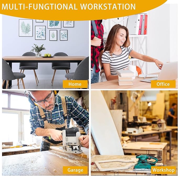 70" Adjustable Height Workbench, 2000 LBS Heavy Duty Work Table with Power Outlets & Pegboard, Rubber Wood Workstation for Garage, Workshop, Office, Home, Commercial