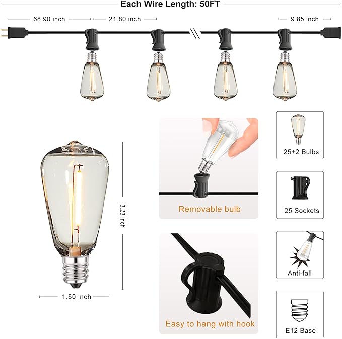 DAMAING Outdoor String Lights 50 FT Waterproof Patio Light String Lights with 27 ST38 Vintage Shatterproof LED Edison Bulbs,Retro Connectable Bistro Lights for Backyard Gazebo Balcony.