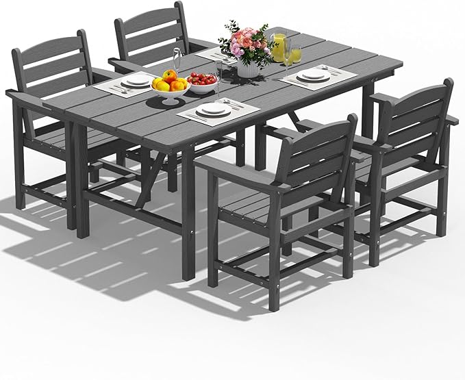 Patio Dining Set for 4 with Umbrella Hole - 66" Outdoor Table & 4 Chairs, All-Weather HDPE Outdoor Furniture for Lawn, Garden, Backyard, Poolside, Gray