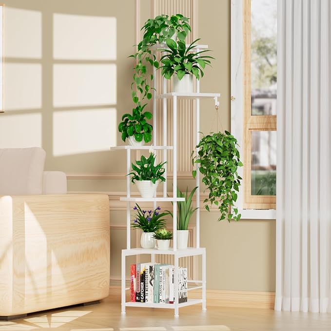 Plant Stand Indoor with Grow Light, 6-Tiered Tall Plant Stand Indoor, Metal Plant Shelf with Hanging Basket Hook and Adjustable Light, Ideal for Living Room, Garden, Patio white
