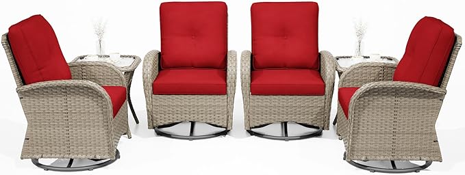 Joyside Outdoor Swivel Rocker Chairs, 6 Piece Wicker Patio Set with Thick Cushion and Side Table, Rattan Patio Swivel Rocking Chairs for Porch, Deck Use (Natural/Red, 6 PCS)