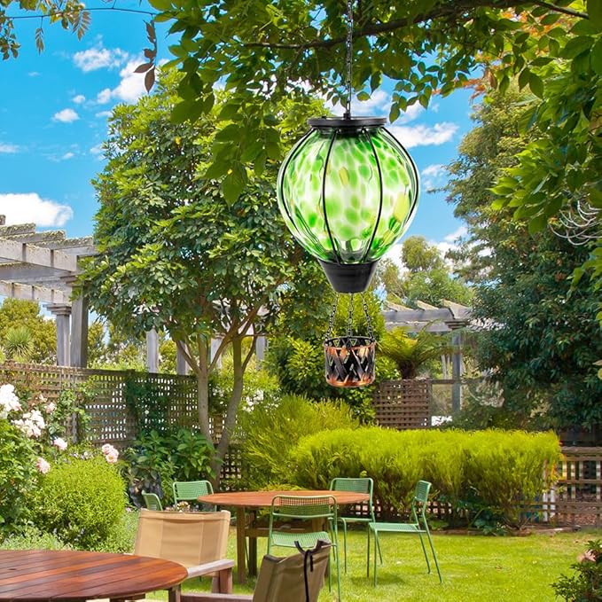 Solar Hot Air Balloon Lantern with Flame Flickering,Glass Hot Air Balloon Solar Lantern Outdoor Waterproof Hanging Outdoor Light for Patio Yard Garden Decor,Mother Day Gifts for Women(Green)