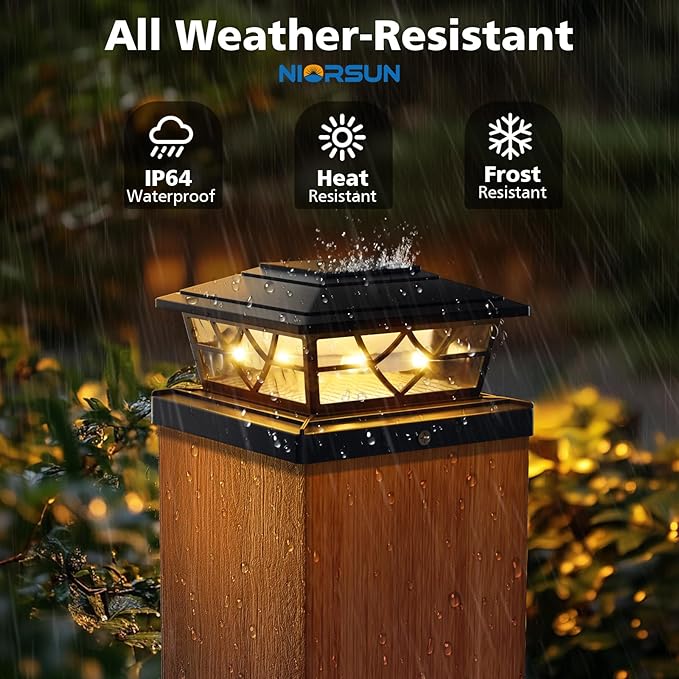 NIORSUN Solar Post Lights Outdoor 6 Pack, 2 Modes LED, Deck Fence Post Solar Lights for 3.5x3.5 4x4 5x5 5.5x5.5 Caps Patio Garden Decoration, Black