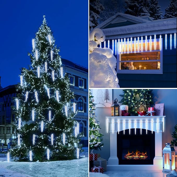 Christmas Meteor Shower Lights Outdoor, 30 Ft With 20 Large Tube 480 LED Dropping Effect, Waterproof Icicle Indoor for Tree Patio Roof Holiday Decor, Cool White