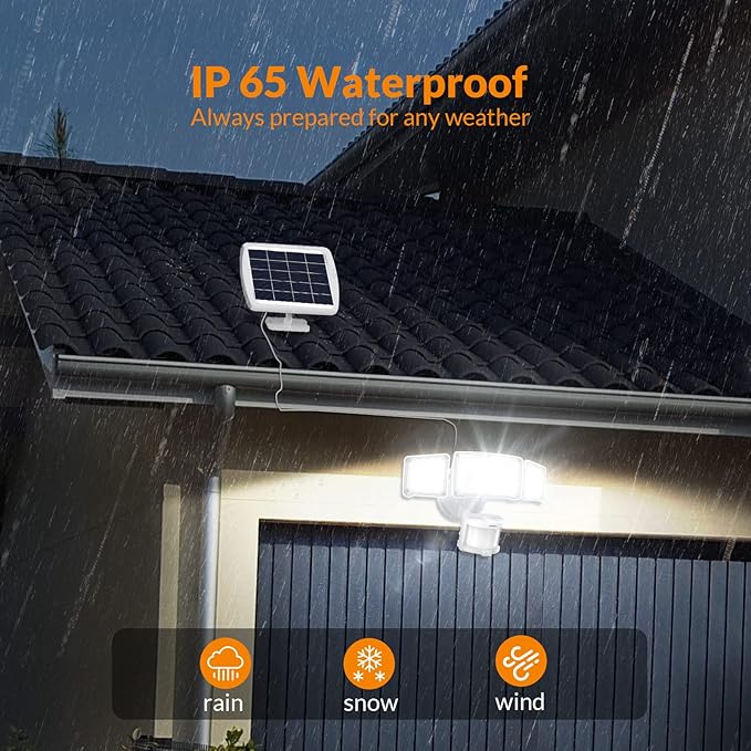 LEPOWER 1600LM LED Solar Security Lights Motion Outdoor, Motion Sensor Light, 5500K White Light, IP65 Waterproof Outdoor Flood Solar Light with 3 Adjustable Head for Yard, Garage(White)
