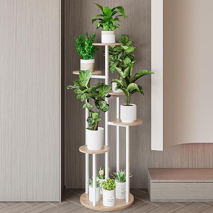 Plant Stand Indoor 6 Tier 9 Potted Multiple Flower Pot Holder for Patio Garden Balcony Living Room Corner (6 Tier White+Sonoma Oak)