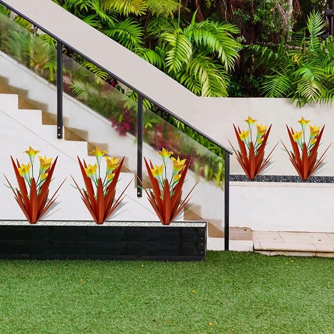 Homight Metal Agave Plant Outdoor Decoration Outdoor Garden Decoration Lily Mexican Yard Art Plant Garden Agave Lily Decorative Garden Gift… (3 Big Yellow Lilies)