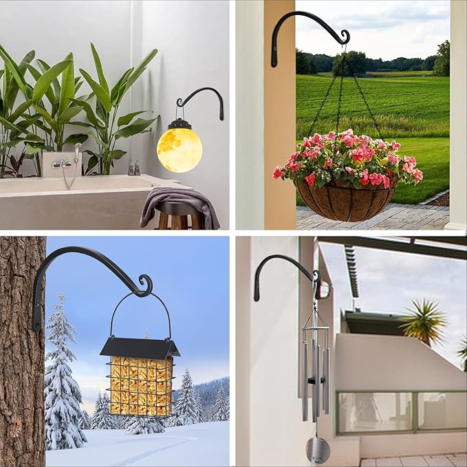 FEED GARDEN 2 Pack 14 Inch Hanging Plant Bracket Wall Hooks Decorative Plant Hangers for Outdoor Hanging Bird Feeders, Wind Chimes, Plant Baskets, Black
