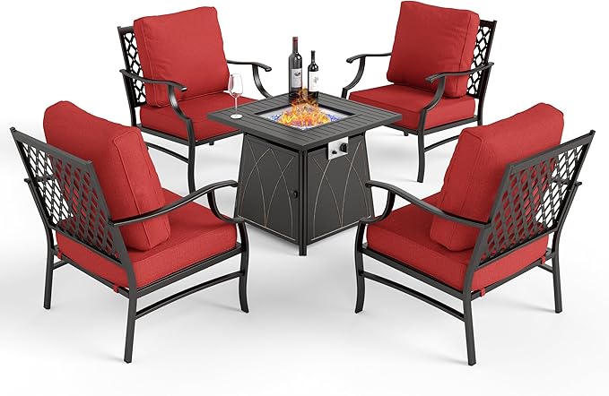 Patio Furniture Set with Fire Pit Table, 5 Pcs Metal Outdoor Conversation Set, 4 Single Chairs with 5.75" Extra Thick Cushion and 28" Fire Pit Table for Backyard Deck, Red