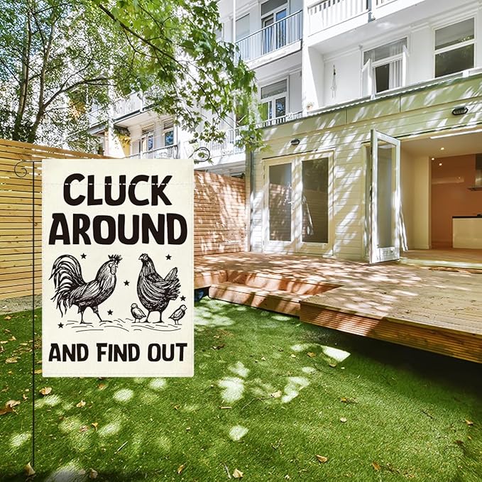 Welcome Summer Funny Chicken Garden Flag Outdoor Decorations Cluck Around And Find Out Small Double Sided Burlap art Stained Glass Style Garden Flags 12 x 18 Inch for Outside