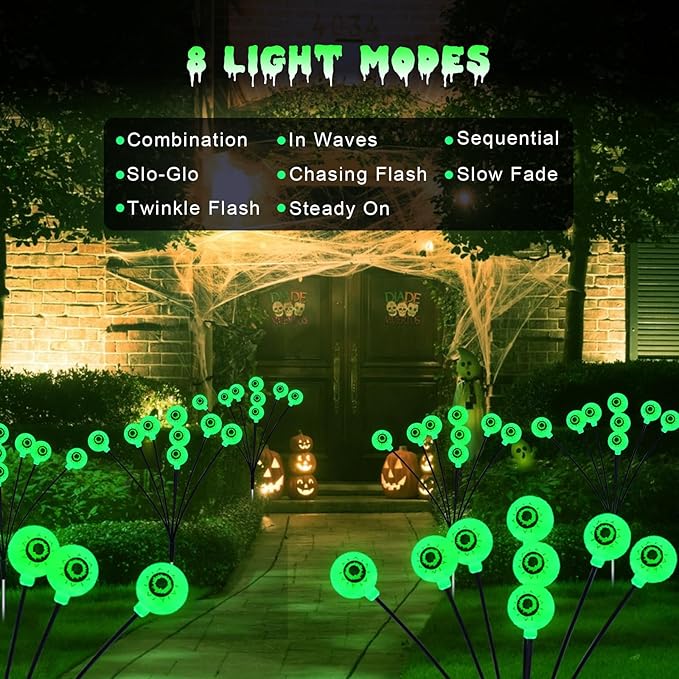 Solar Eyeball Lights Outdoor, 4 Pack 32 LED Halloween Eyeball Lights Outdoor Waterproof 8 Modes Scary Eyeballs Swaying Lights, Eyeballs Halloween Decor for Outside Yard Garden Party (Green)