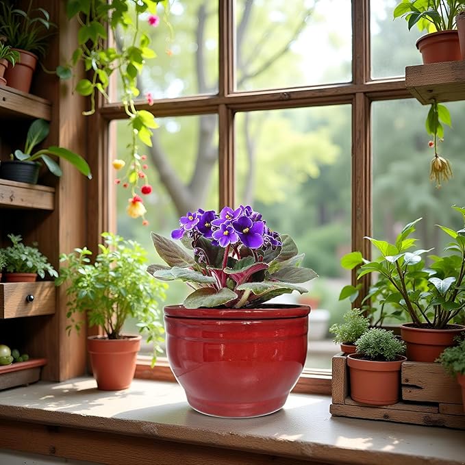 African Violet Pots Self Watering Round Ceramic Violet Pot (red, 6 inch)