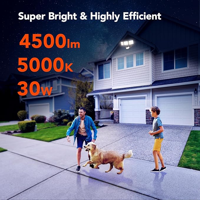 OREiN 2 Pack Motion Sensor Outdoor Lights, 4500LM/30W 180°/50FT Motion Sensor, Dusk to Dawn Flood Lights Outdoor IP65 Waterproof 3 Modes LED Security Light for Garage, Yard, Black (Hardwired)