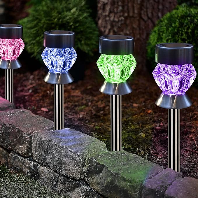 Solar Pathway Lights Outdoor, 8 Pack Solar Garden Lights, Color Changing LED Landscape Stake Outdoor Solar Lights for Walkway, Pathway