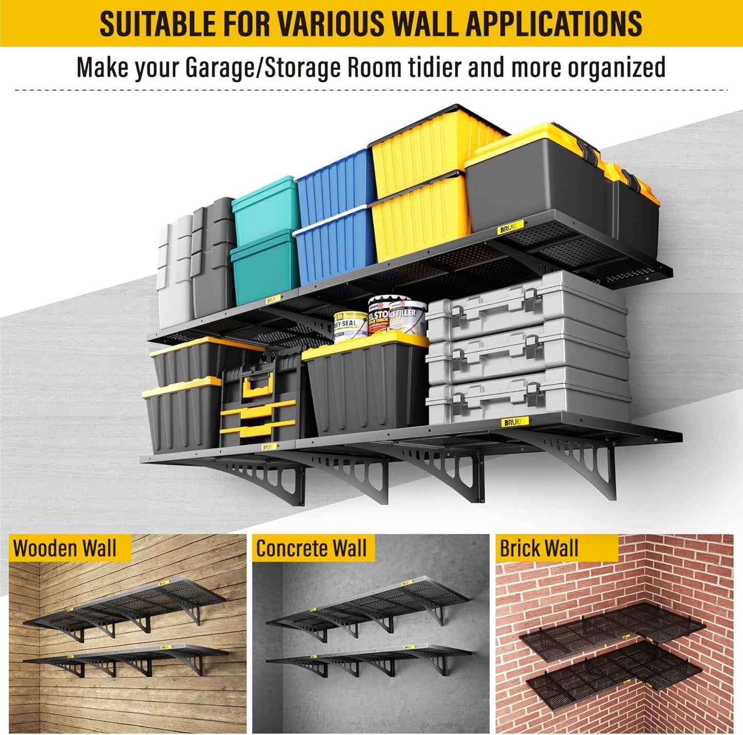 4Pack 2x3ft Adjustable Metal Garage Wall Shelving Heavy Duty Garage Storage Shelf Wall Mounted Black