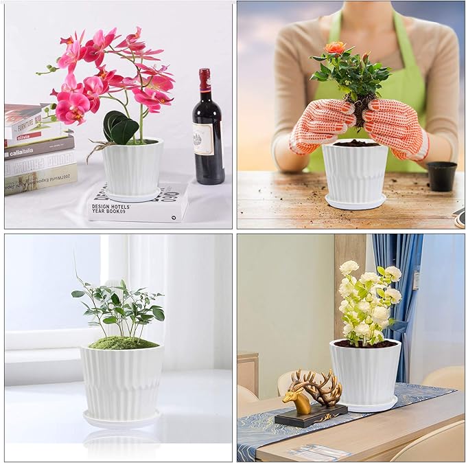 Plant Pots - 6.7 Inch Cylinder Ceramic Planters with Connected Saucer, Pots for Succuelnt and Little Snake Plants, Set of 2, White