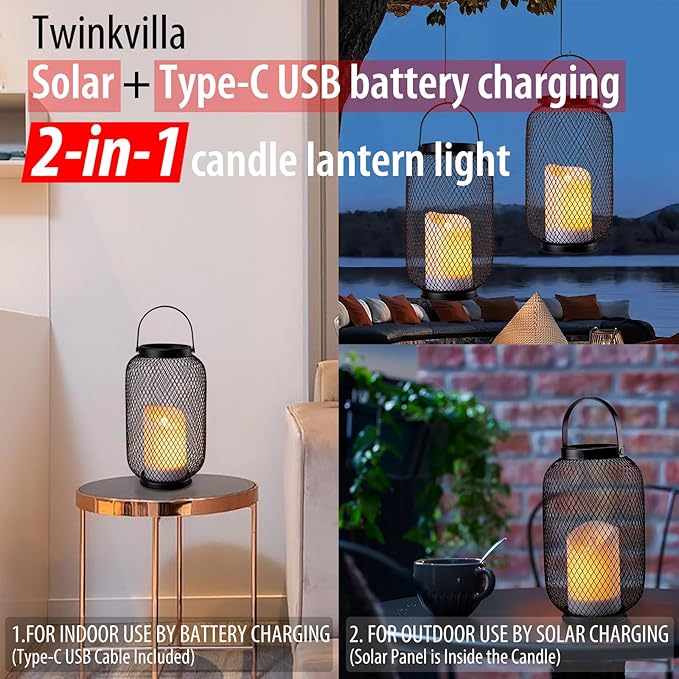 Solar Lanterns Outdoor Waterproof, Flickering Flameless Candle Hanging Lantern, Rechargeable Table Lantern for Patio with Timer Dimmer, Decorative Lamp for Outside Garden Porch or Indoor Decor-2Pack