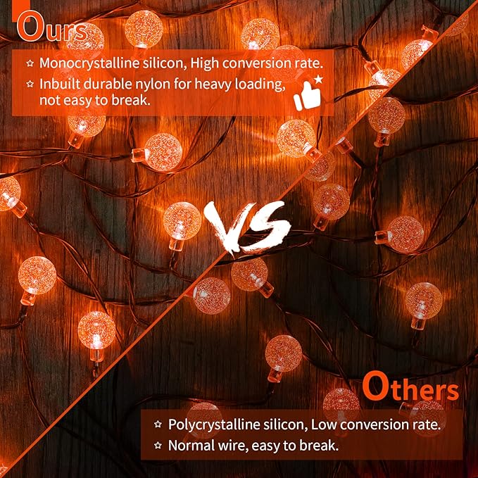 Solar Halloween String Lights Outdoor 60 LED 36 Feet Crystal Globe String Lights with 8 Lighting Modes, Waterproof Solar Powered Patio Lights for Garden Yard Porch Decor (Orange)