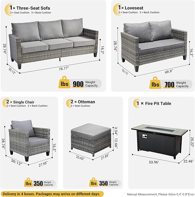 ovios 7 Pieces Patio Furniture Set with 54" Fire Pit Table, Outdoor Wicker Sofa with Comfy Cushions, All Weather High Back Rattan Couch Conversation Set, Dark Grey