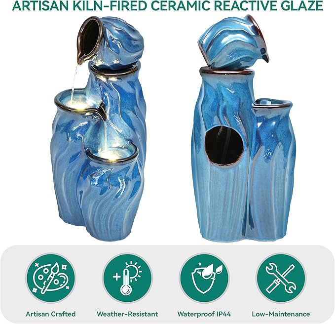 29" Tall Ceramic Outdoor Water Fountain with LED Lights, 4-Tier Cascading Jars Water Feature, Tranquil Waterfall for Relaxing Garden, Patio, Yard, or Porch, Turquoise, Dynamic Wave-Texture