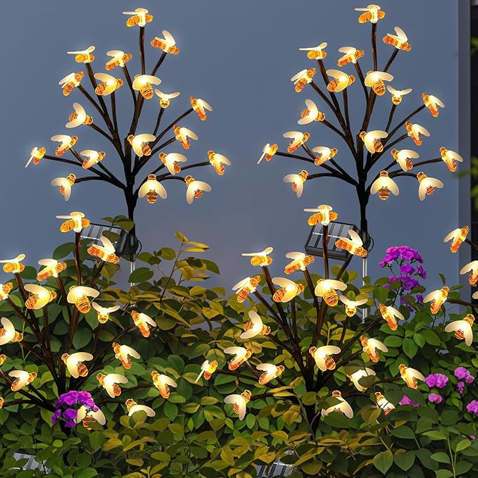 Solar Garden Lights Outside - 4 Pack 80 LED Solar Bee Lights Outdoor Waterproof with 8 Modes Landscape Decoration for Garden Patio Yard Walkway Grass Spring Decor (Warm White)