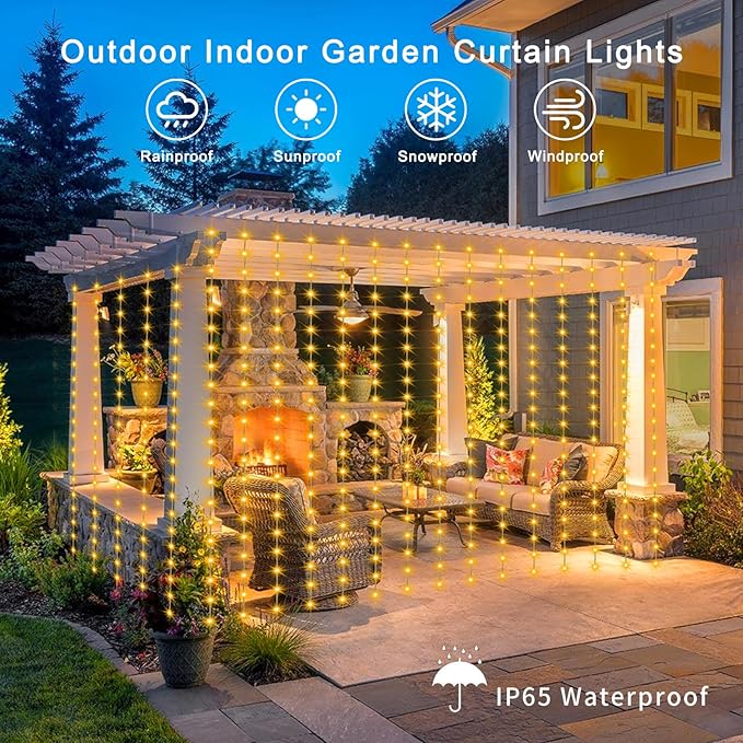 Solar Curtain Lights 7.9ft x 6ft 144 LED Outdoor Curtain Lights Waterproof with Timer 8 Modes for Christmas Garden Patio Fence Wedding Wall Window Gazebo Decor - Warm White