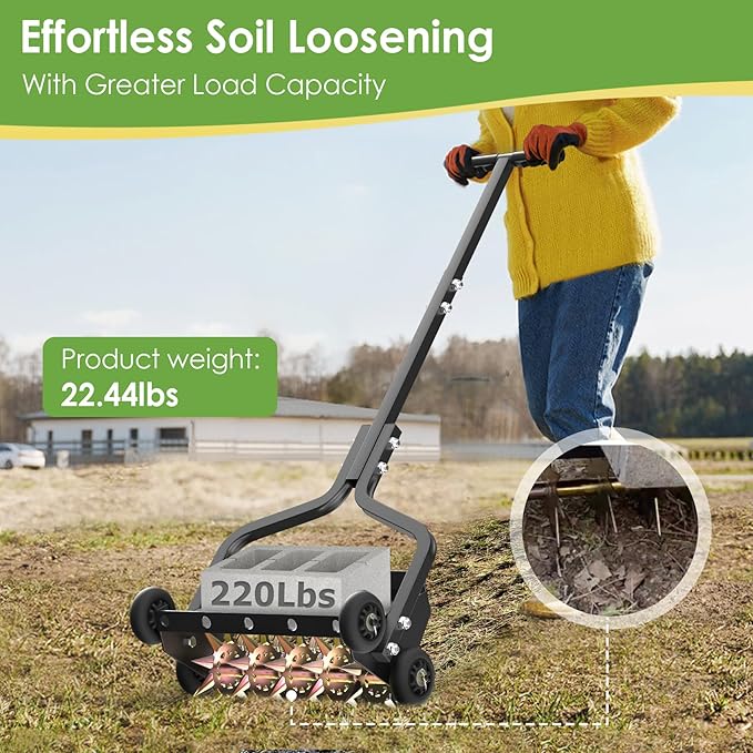 Seeutek 18 Inch Lawn Aerator, Upgraded Heavy Duty Manual Aerators Lawn Tool w/ 3D Steel Tines, 4 Wheels & Non-Slip Handle, Push Spike Aerator Suitable for Lawn, Garden and Yard