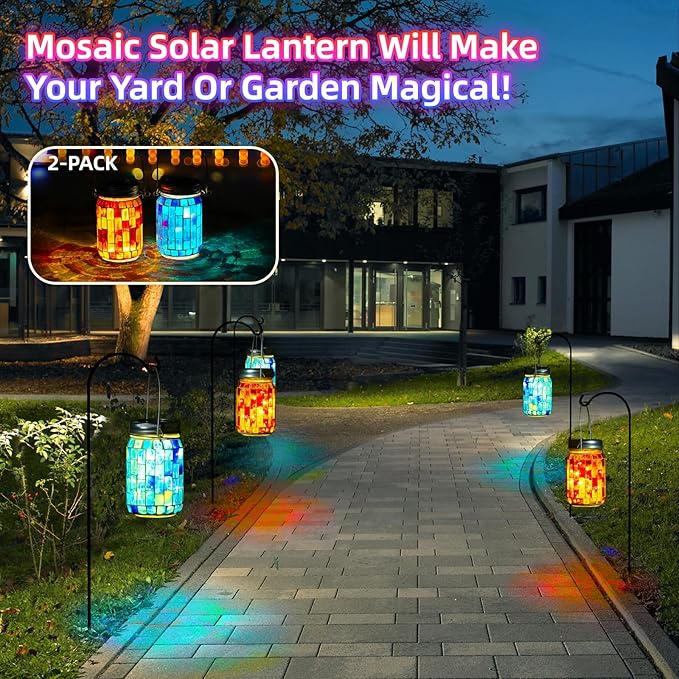 VOREEN 2 Pack Mosaic Solar Lanterns, Outdoor Glass Hanging Lights, Solar Table Lamps, Waterproof Night Lights, Color Jar Lights Easter Gifts, Decor for Garden, Patio, Yard, Balcony, Blue&Orange