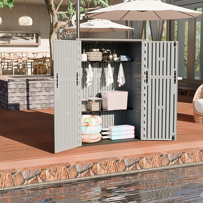 HOMSPARK Outdoor Storage Shed Weather Resistance, Patio Storage Cabinet Lockable Resin Tool Shed for Storage of Bike, Trash Cans, Garden Tools (Light Gray, 66 Cu.ft)