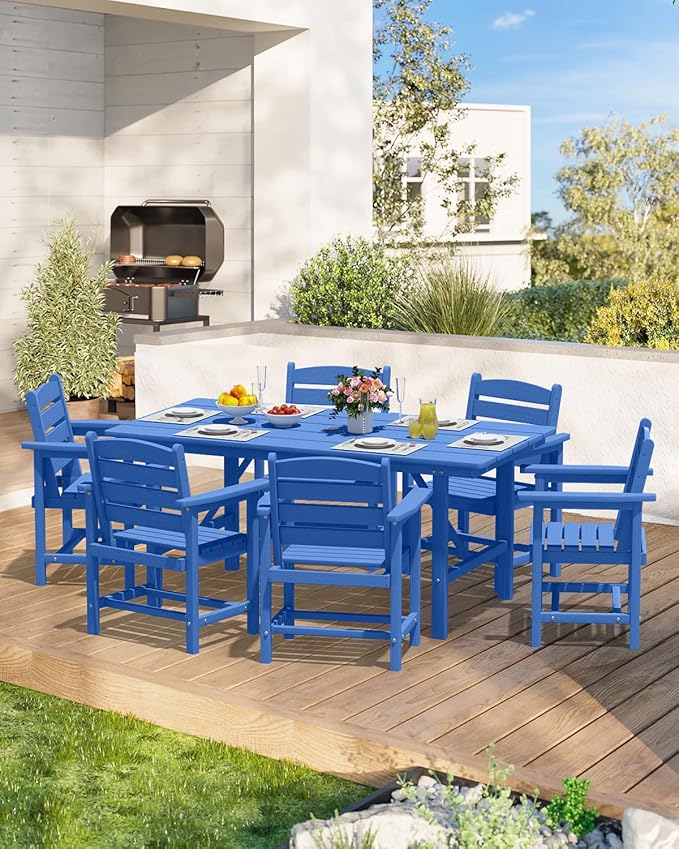 Patio Dining Set for 6 with Umbrella Hole - 66" Outdoor Table & 6 Chairs, All-Weather HDPE Outdoor Furniture for Lawn, Garden, Backyard, Poolside, Navy