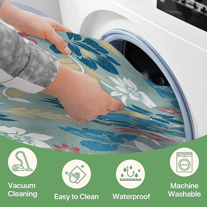 GENIMO Indoor Outdoor Area Rug 6' X 9' Waterproof, Washable Patio Rug Non Shedding, Easy Cleaning Floral Outdoor Carpet for Living Room, Bedroom, Dining Room, Balcony, Backyard, Deck, RV, Blue Grey