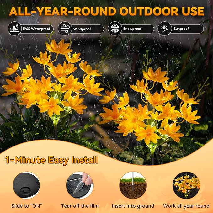 Neporal Solar Flowers Outdoor Waterproof IP65, 5-Head Snow Lotus with 20+ Flowers, Warm LED Light & 2 Lighting Modes, Decorative Solar Lights Outdoor Garden, Yard, Pathway, Flower Bed (2-Pack, Yellow)