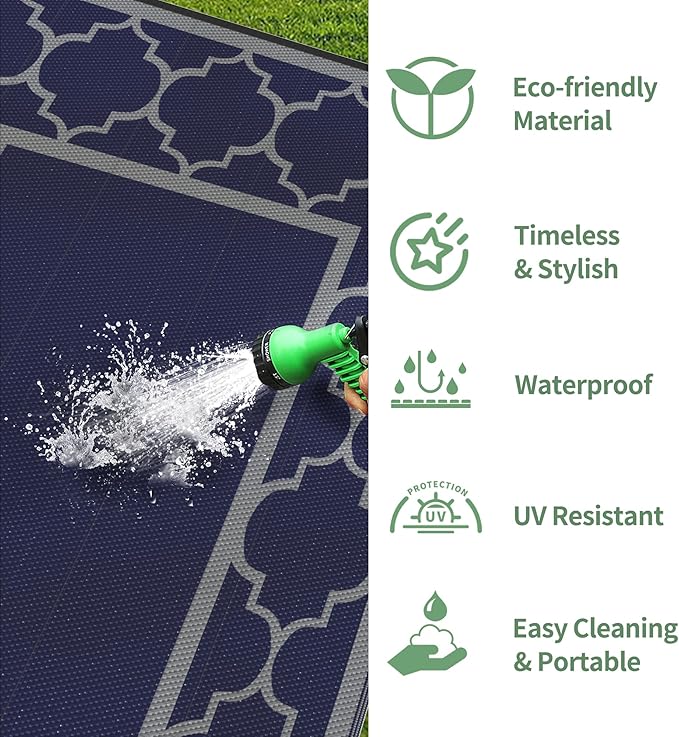 GENIMO Outdoor Rug 8' x 10' Patio Waterproof, Foldable Reversible Plastic Straw Area Rugs Mat for Camper Decor, Outside Carpet for Rv, Deck, Porch, Picnic, Beach, Balcony, Blue & Grey