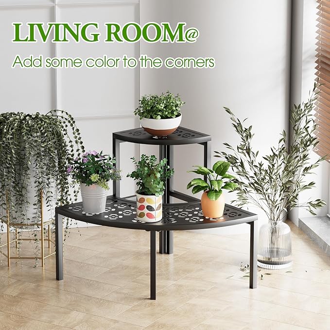 aboxoo 2 Tier Plant Stand Flower Pot Rack for Patio,Metal Stair-Step Style Corner Shelf Planters,Hevay Duty Plant Stand,Quarter Round Display Holder for Indoor Outdoor Use(Black)