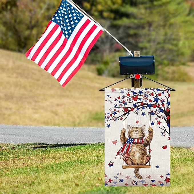 Heyfibro 4th Of July Patriotic Cute Cat Garden Flag 12x18 Double Sided Burlap, Heart Star Tree Pattern USA Flags Retro Yard Banner for Rustic Independence Day Outdoor Decor (ONLY FLAG)