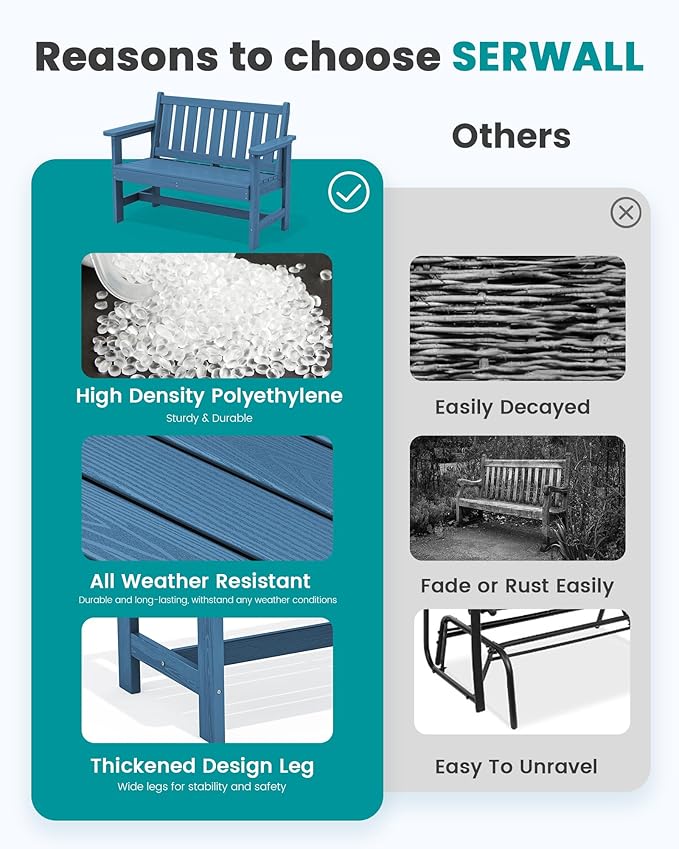 SERWALL Outdoor Bench, HDPE Outdoor Benches Weatherproof, 2-Person Garden Bench with 660 lbs Weight Capacity, Patio Benches for Outdoors, Garden, Porch, Backyard and Park, Navy, 6 Pack