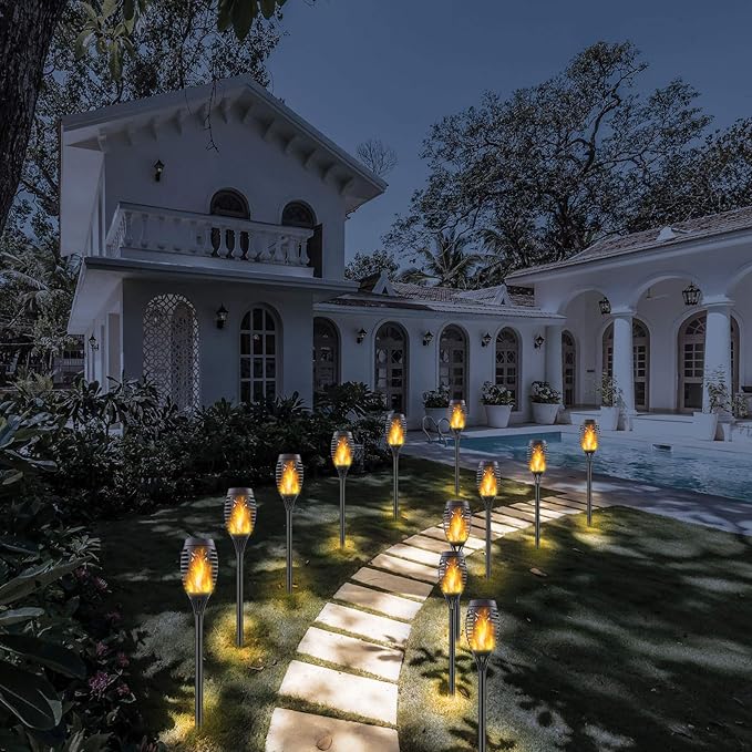 4 Pack Upgraded Solar Lights Outdoor, Mini Solar Torch Lights with Flickering Flames, Waterproof Landscape Decoration Dancing Flame Lights for Garden Pathway Yard