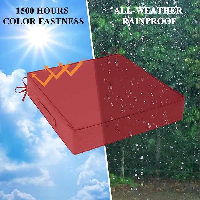 Outdoor Chair Cushions Set of 2 for Patio Furniture 18.5x16x3 Inch Waterproof Patio Chair Cushion 3 Year Color Fastness Rectangle Elastic Foam Garden Couch Pads with Ties and Handle,Red