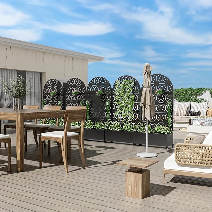 Casaphoria Metal Raised Garden Bed with Trellis and Wheels, 72"x35"x16" Arched Planter Box for Climbing Plants, Vegetables & Vines, Features Drainage Holes and Privacy Screen (Black-Star)