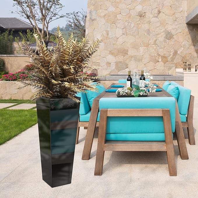 KOL 28''H. Tall Galvanized Steel Glazed Planter with Insert, Set of 2, Planter Pots for Indoor & Outdoor Use, Decorative Flower Plant Pots with Drainage Hole for Front Porch, Patio, Deck - Black