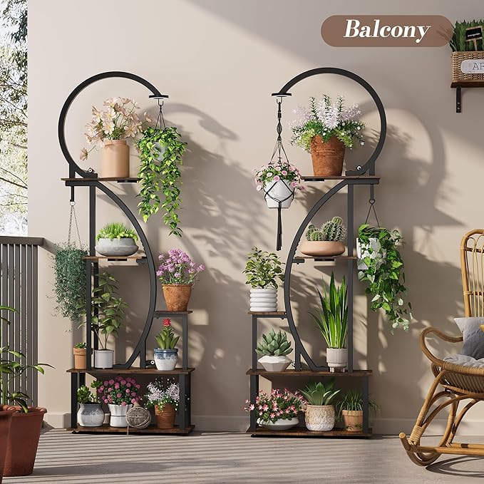 Indoor Plant Stand with Grow Lights, Half-Heart Shape Metal Shelf with Multiple Wood Boards and Hooks for Hanging & Potted Plants, Tall LED Display Rack for Living Room, Balcony Décor