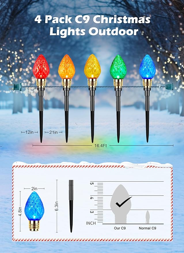 Brightown 4 Pack Strawberry C9 Christmas Pathway Lights Outdoor - Total 69.6 Feet 40 LED Christmas Walkway Lights,Colored Bulb Christmas Lights Outdoor Decorations for Lawn Holiday Outside, Multicolor