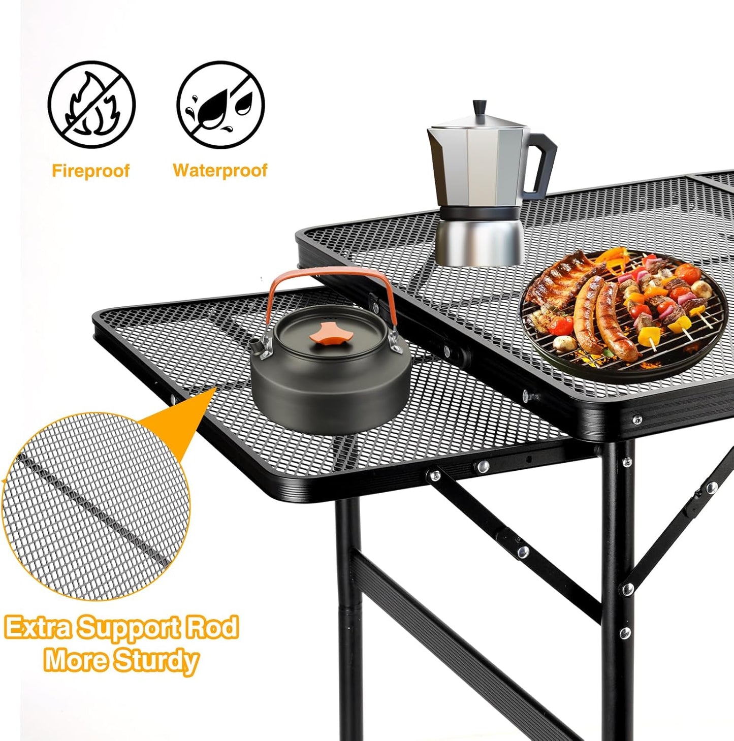Grill Table Folding Table with 2 Wing Panels 3FT+1.4 FT with Mesh Desktop 2 Height Adjustable Portable Grill for Outdoor Indoor Beach BBQ Picnic Travel RV Black