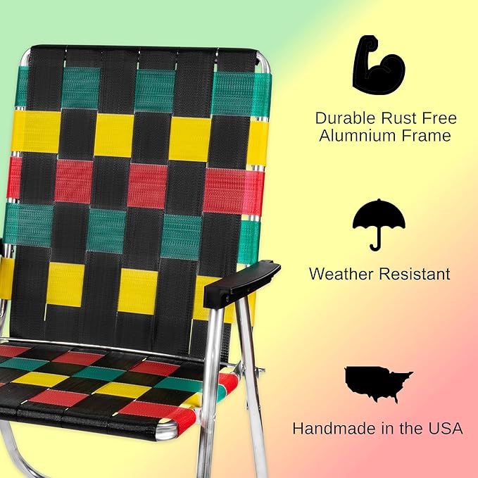 Lawn Chair USA Folding Aluminum Outdoor Patio Lawn Chair | Heavy-Duty Webbed Chairs for Camping, Sports, Beach, Yard & Tailgating | Lightweight Portable | High Back Beach Chair - Rasta Flag